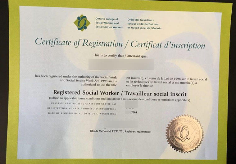 2008 Ontario College of Social Workers Certificate