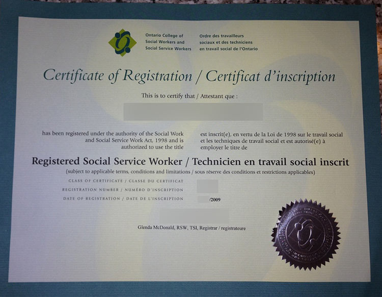 2009 Certificate from the Ontario College of Social Workers