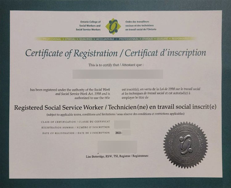 2021 Certificate from the Ontario College of Social Workers