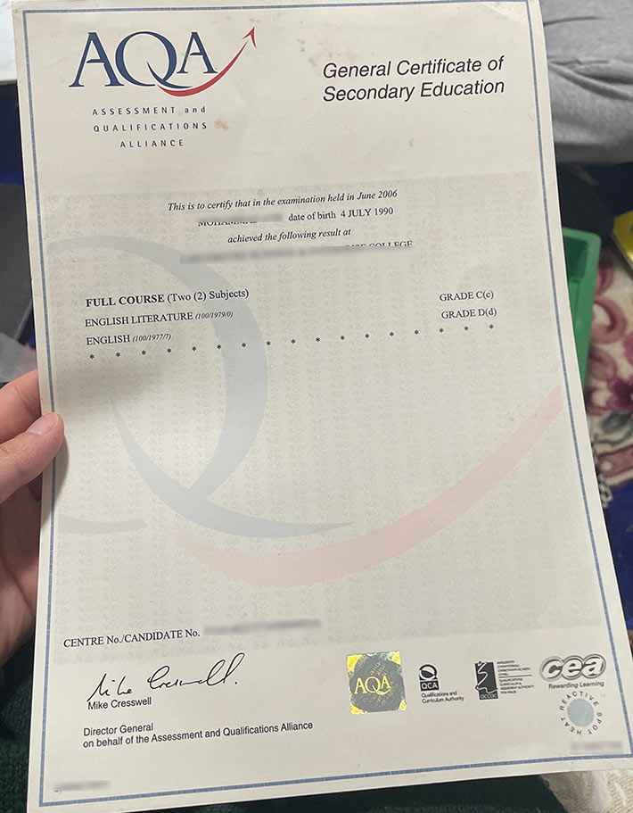 2006 AQA Examinations Authority GCSE Certificate