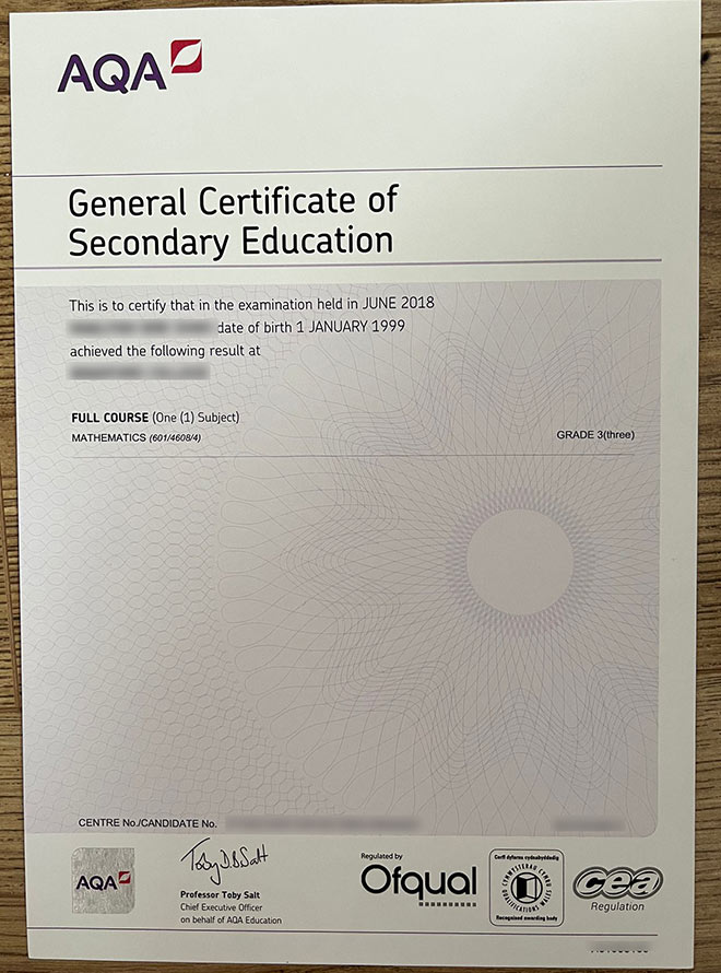 2018 AQA Examinations Authority GCSE Certificate