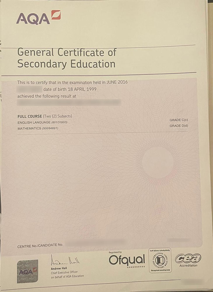 2016 AQA Examinations Authority GCSE Certificate