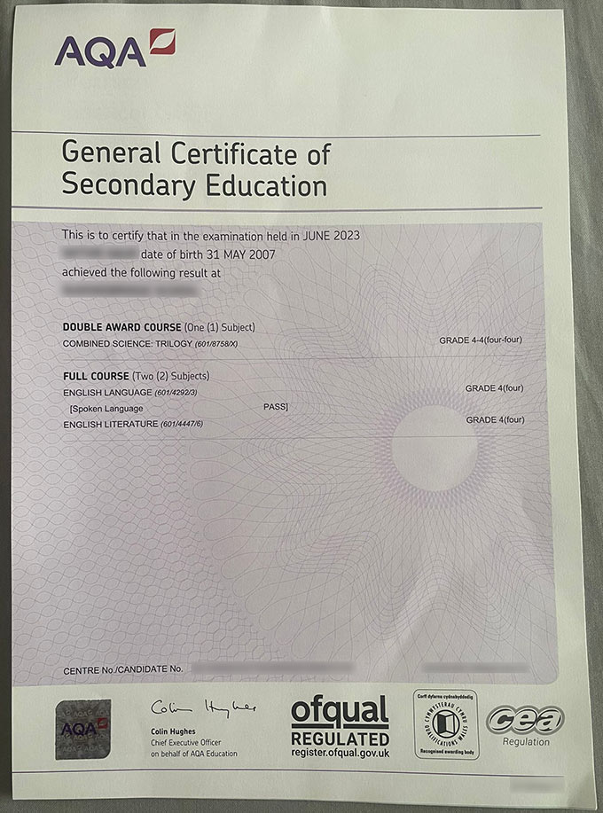 2023 AQA Examinations Authority GCSE Certificate