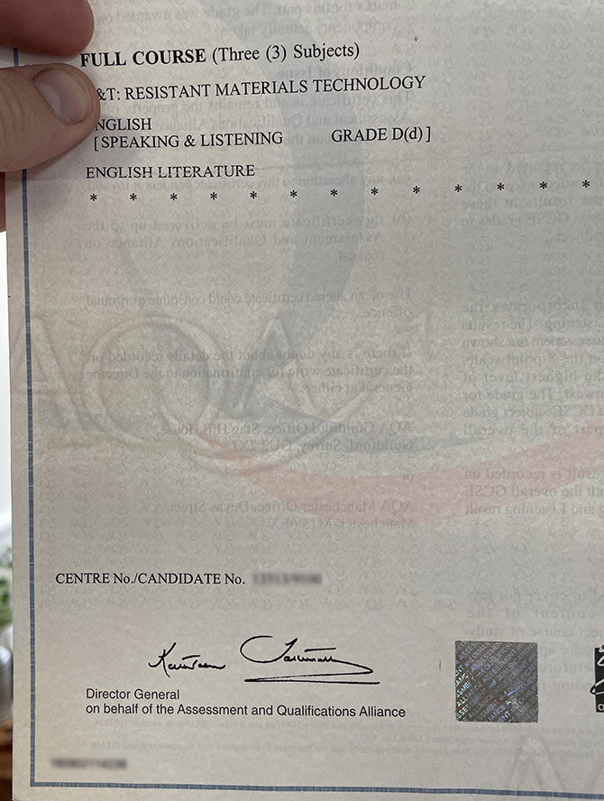 AQA Examinations Authority GCSE certificate