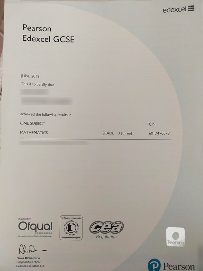 2018 Pearson Edexcel GCSE Certificate