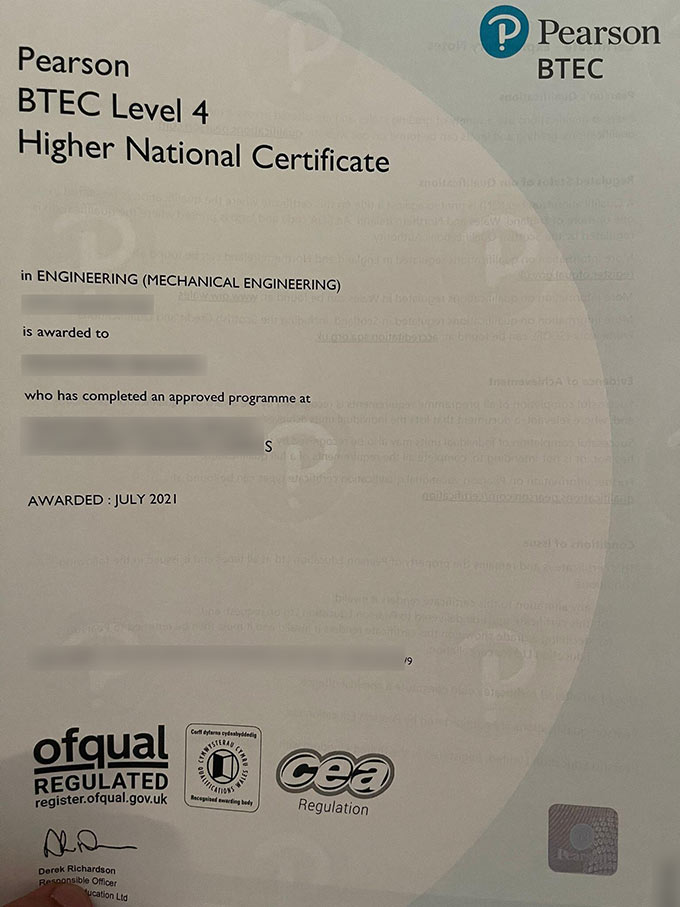 2021 Pearson BTEC Level 4 Certificate