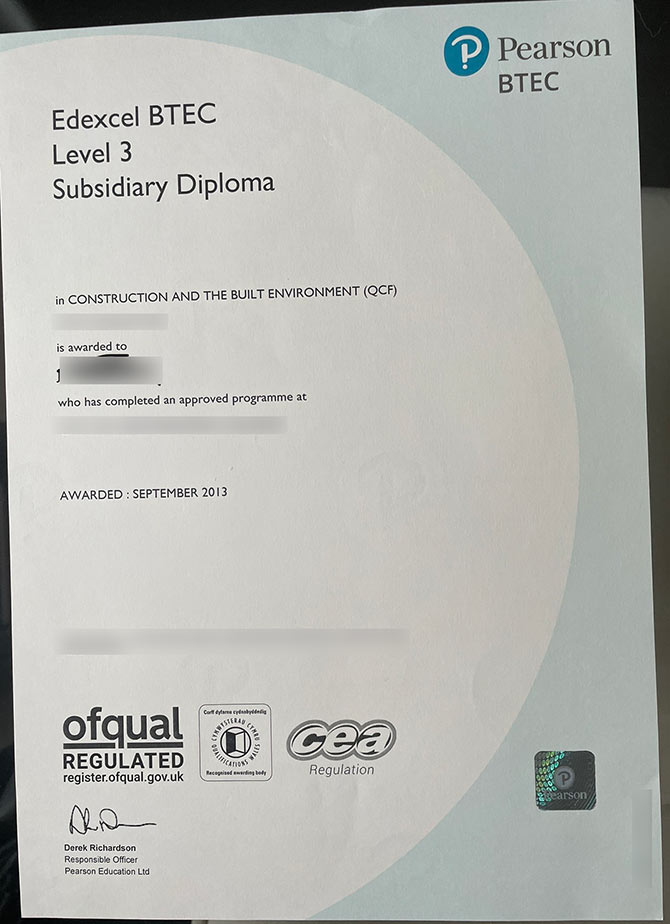 2013 Pearson BTEC Level 3 Certificate