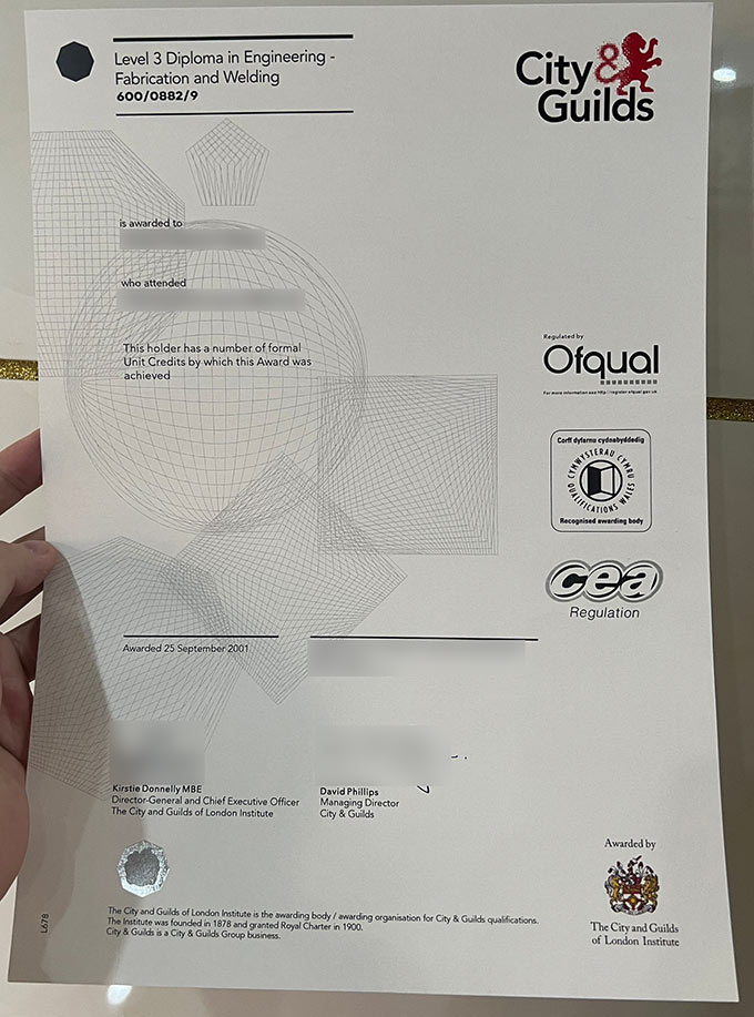 2001 City an guilds Association Level 3 Manufacturing and Welding certificate