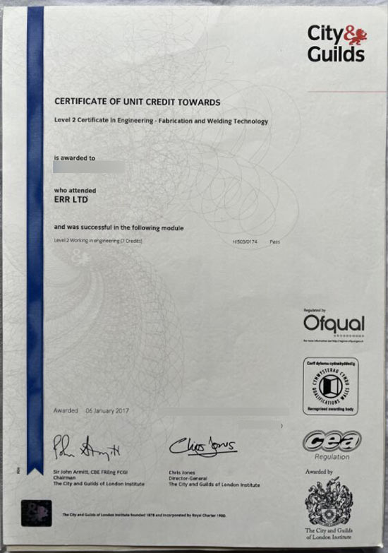 2017 City an guilds Association Level 2 welding certificate