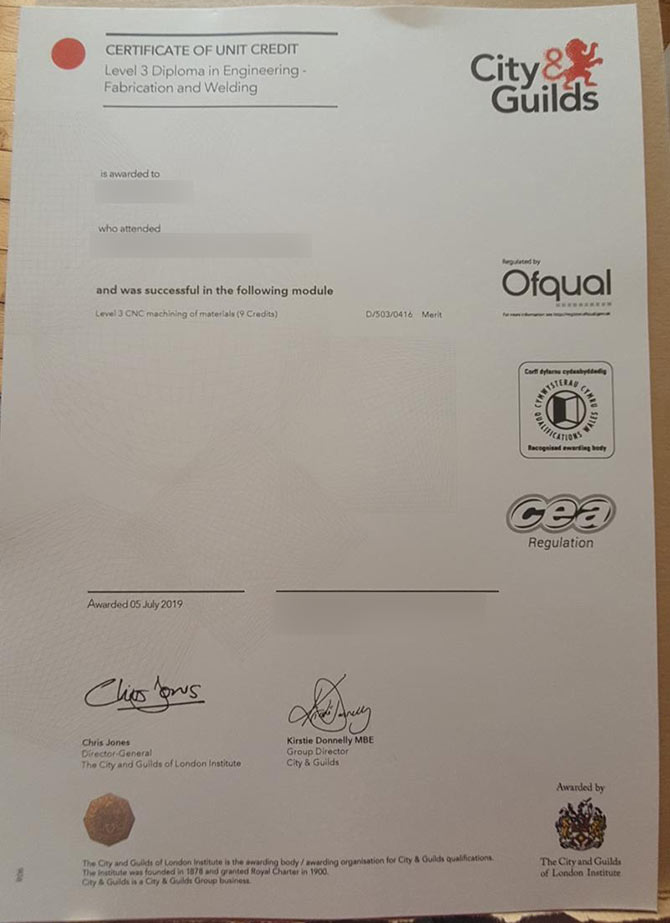 2019 City an guilds Association Level 3 Manufacturing and Welding certificate