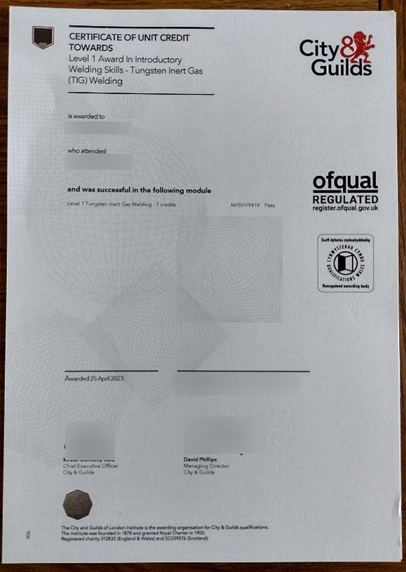 2021 City an guilds Association Level 1 welding certificate