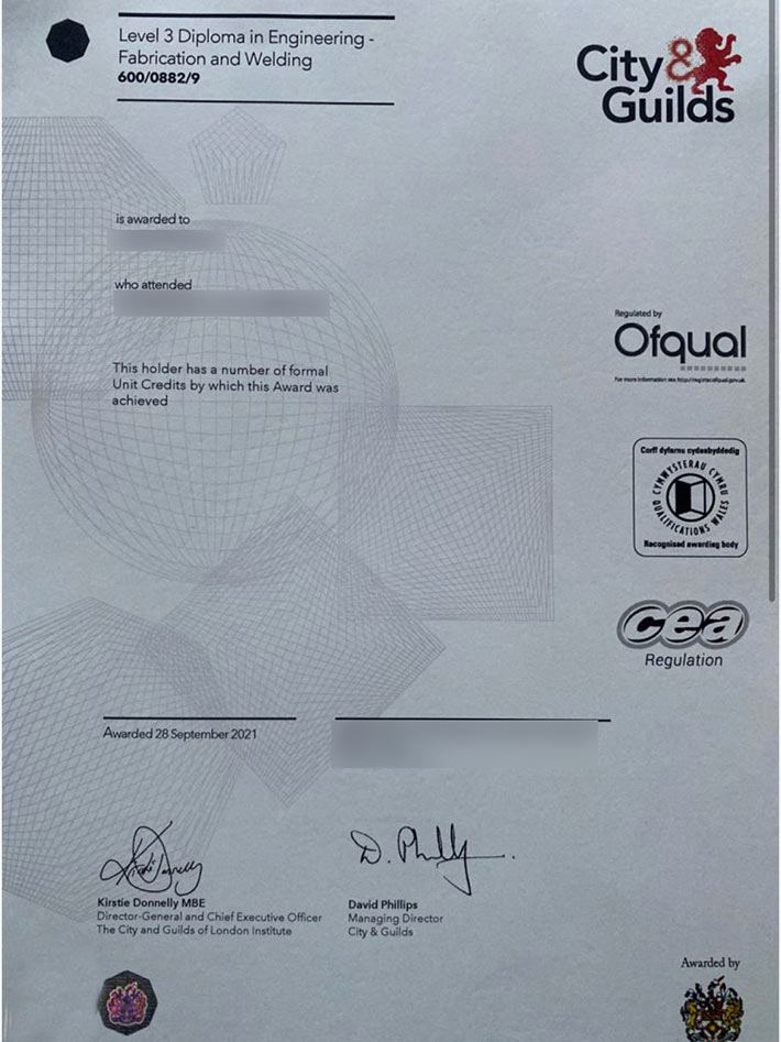 2021 City an guilds Association Level 3 welding certificate