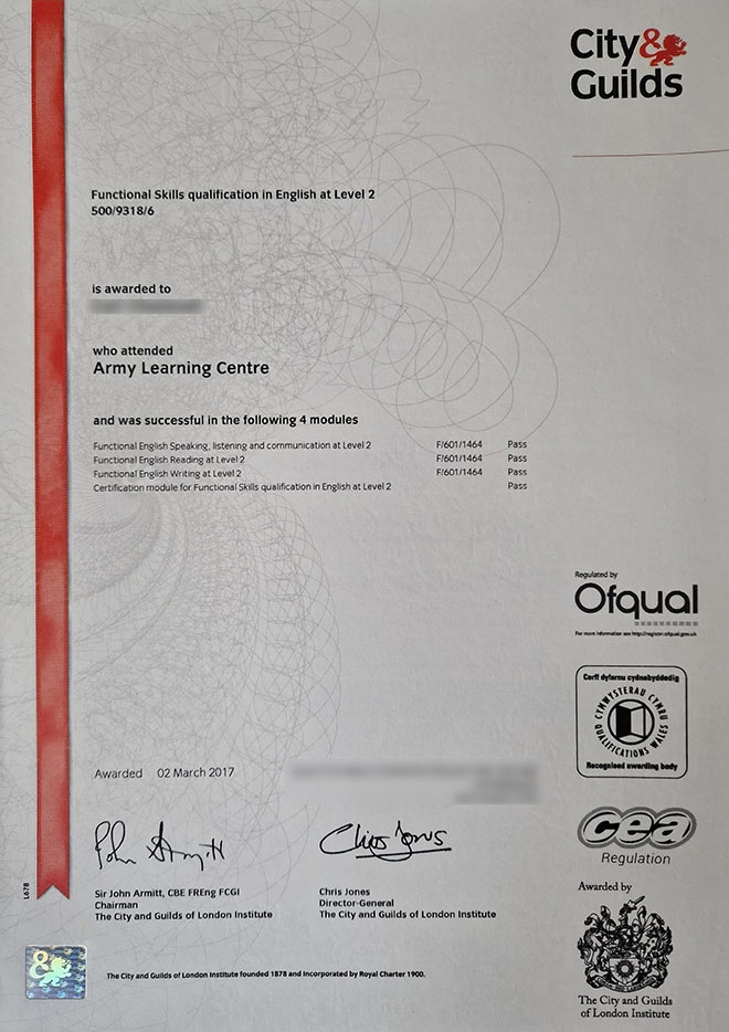 2017 City and Guilds English Qualification Level 2 Certificate