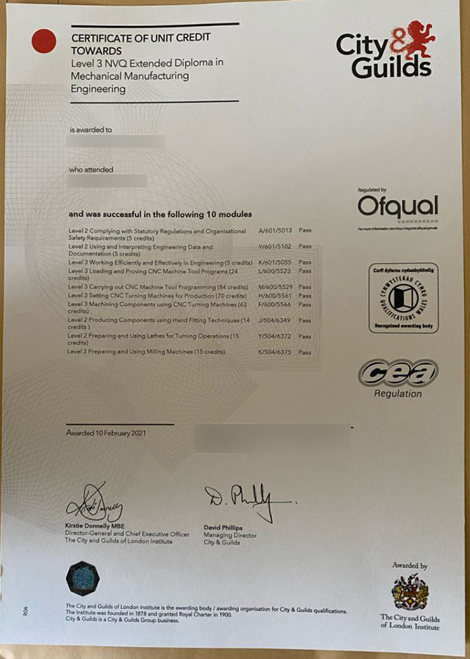 2021 City and Guilds Mechanical Engineering Production Level 3 certificate