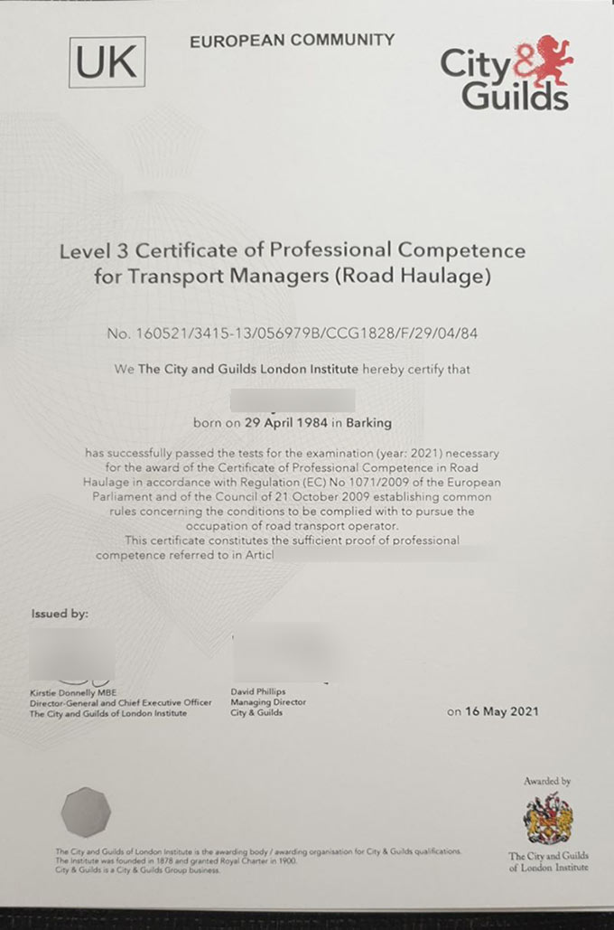 Certificate in Transport Management Level 3,City and Guilds,2021