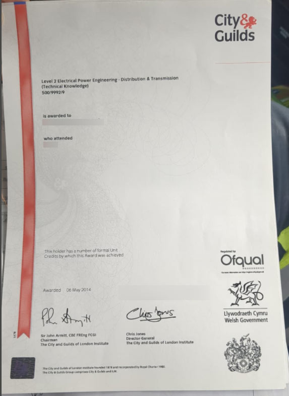 2014 City and Guilds Power Distribution and Transmission Level 2 certificate