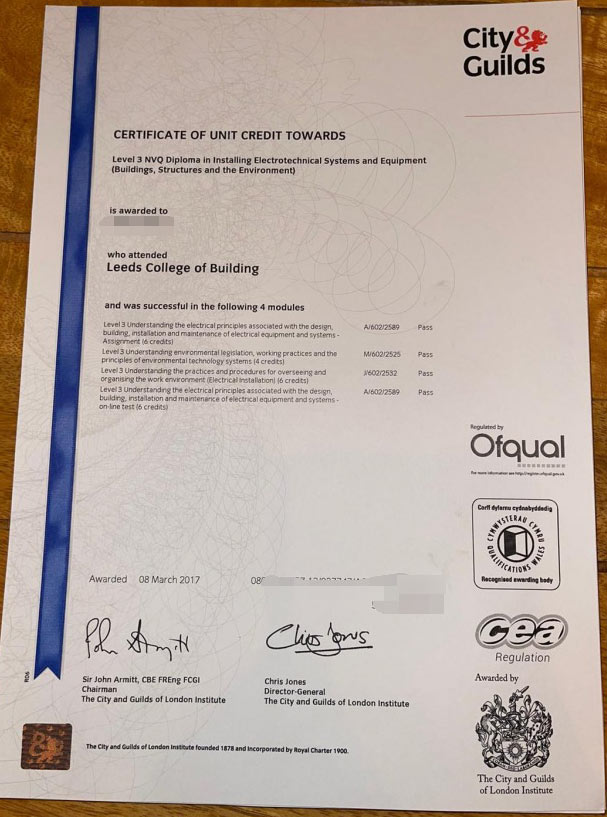 2017 City and Guilds Electrician System and Equipment Installation Level 3 certificate