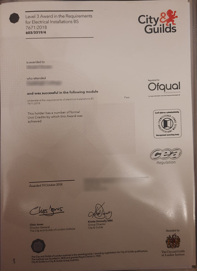 2018 City and Guilds Electrical Installation Level 3 certificate