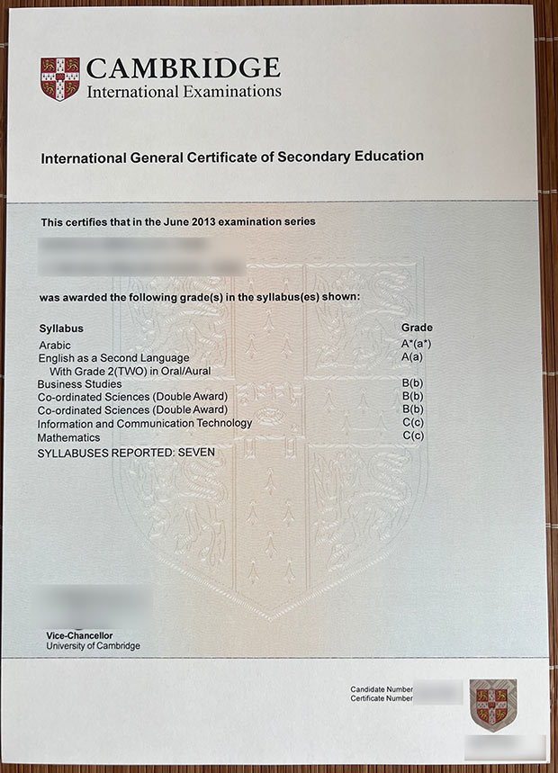 Sample 2013 IGCSE certificate format