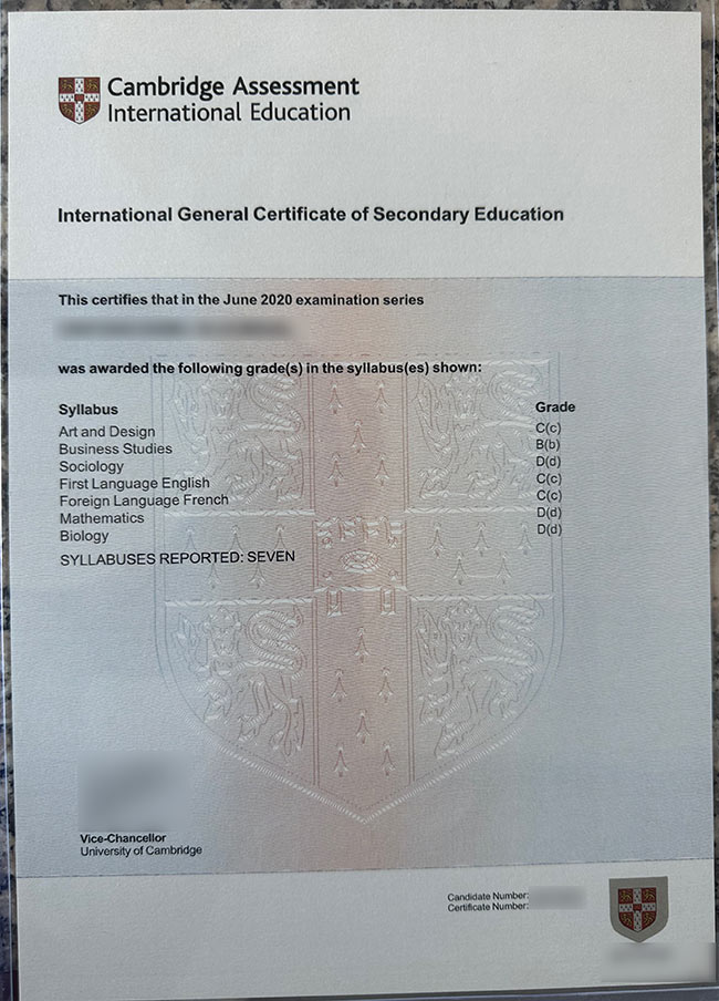 Sample 2020 IGCSE certificate format