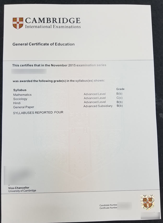 2015 Cambridge GCE Certificate sample