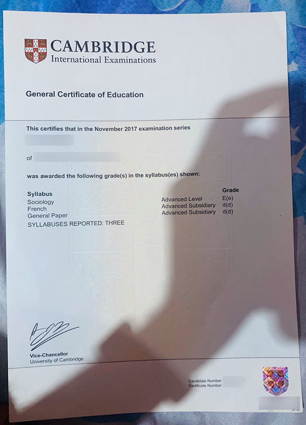 2017 Cambridge GCE Certificate samples