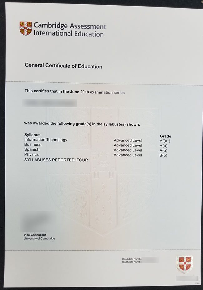 2018 Cambridge GCE Certificate sample