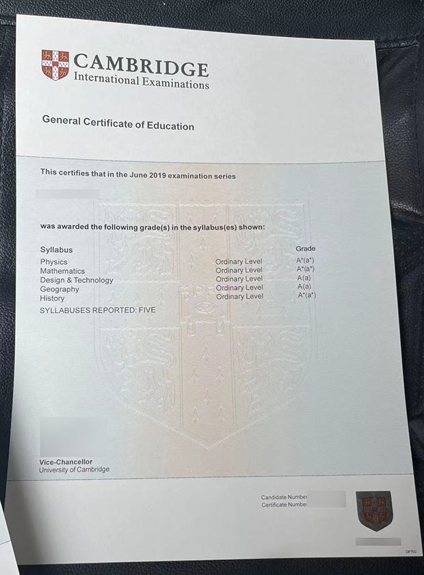 2019 Cambridge GCE Certificate sample