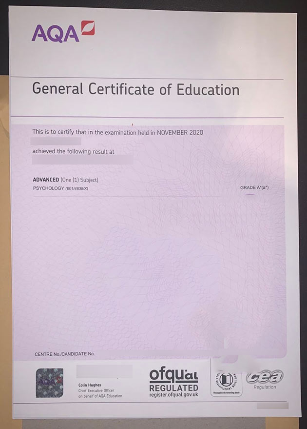 2020 AQA GCE Certificate sample