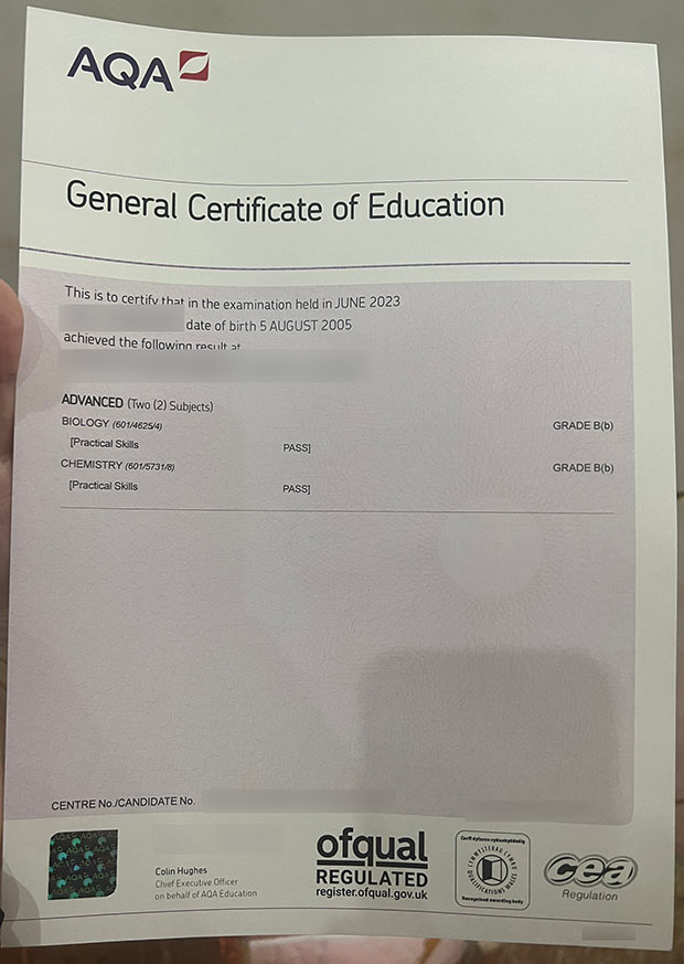 2023 AQA GCE Certificate sample