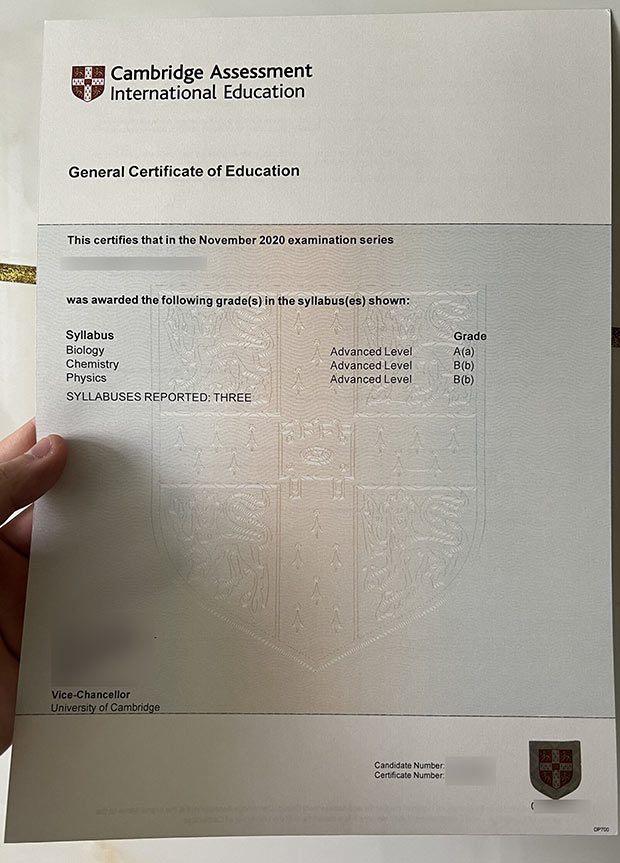 2020 Cambridge GCE Certificate sample