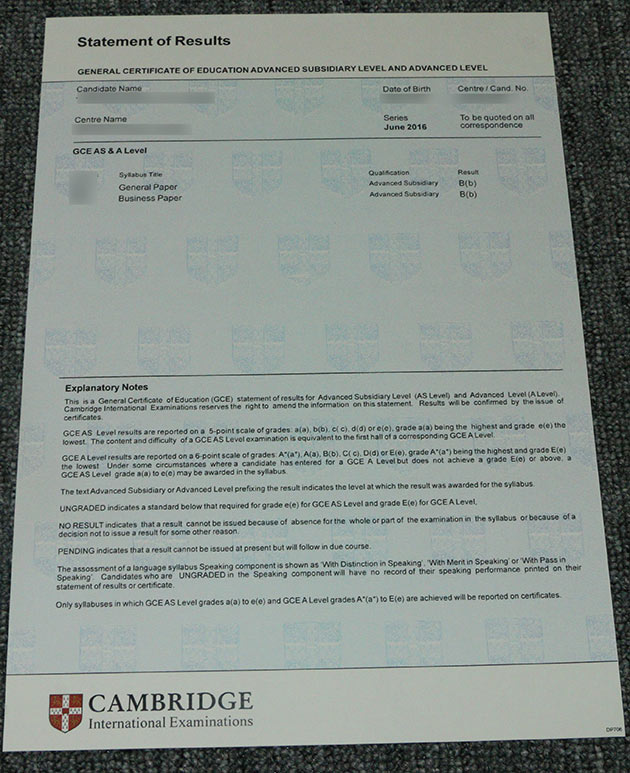 2016 GCE A-level Certificate