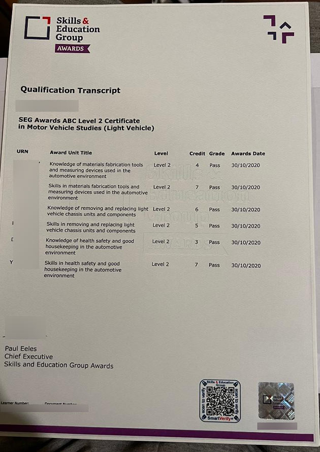 Level 2 Certificate in Motor Vehicle Studies (Light Vehicle)