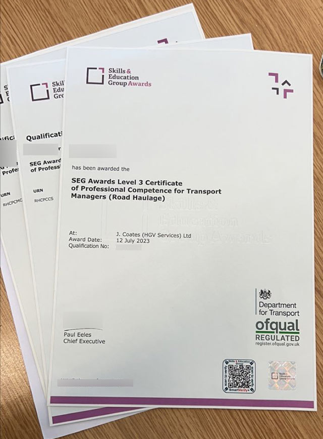 SEG Awards Level 3 Certificate of Professional Competence for Transport