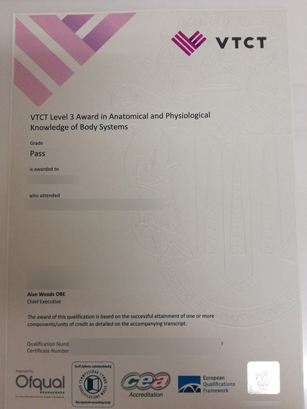 Won the VTCT Level 3 Award for Body System Anatomy and Physiology Knowledge