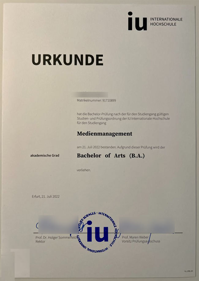 Bachelor of Arts,IU International Hochschule,2022