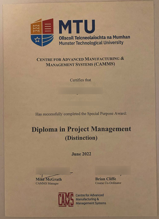 2022 Diploma in Project Management,Munster Technological University