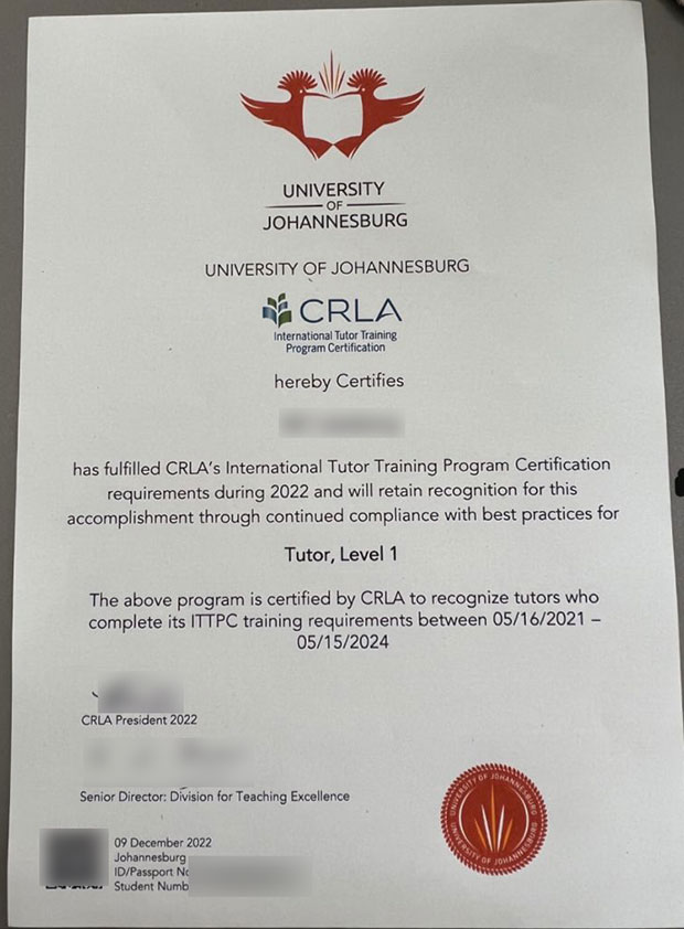 2022 University of Johannesburg Level 1 Tutor Certificate