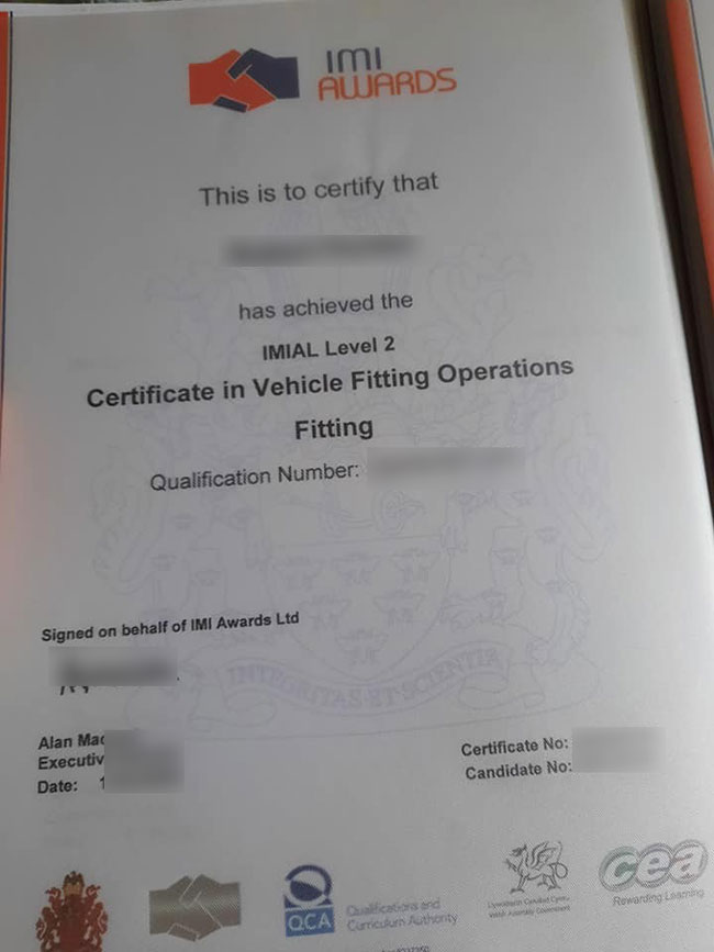 IMI Vehicle Assembly Level 2 certificate