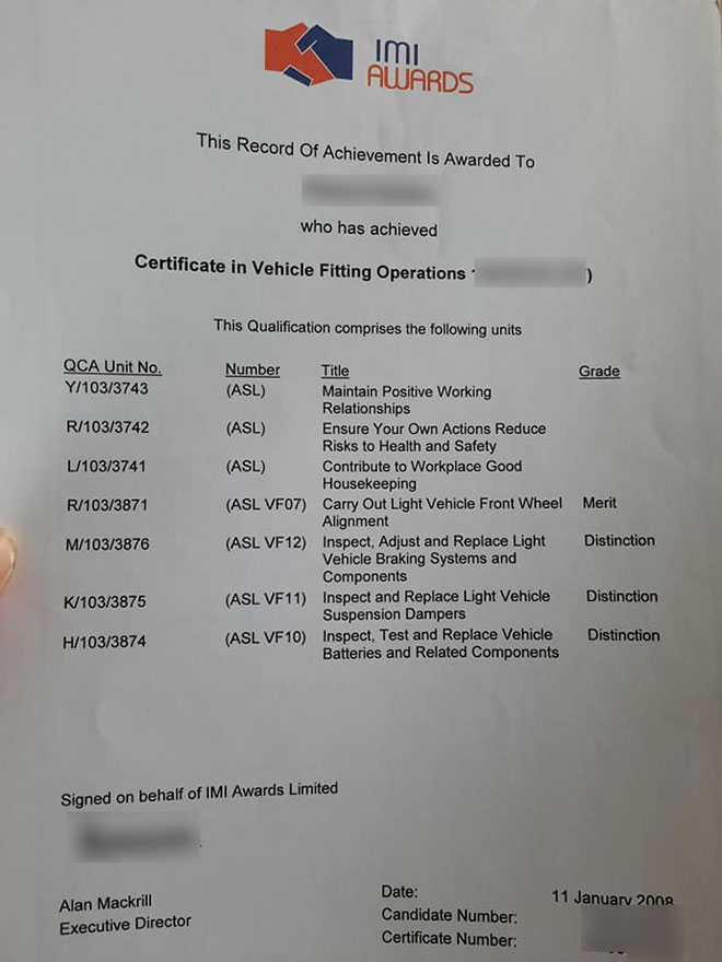 IMI Vehicle Assembly report card