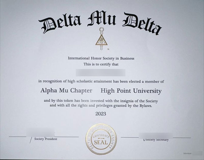 2023 Delta Mu Delta certificate