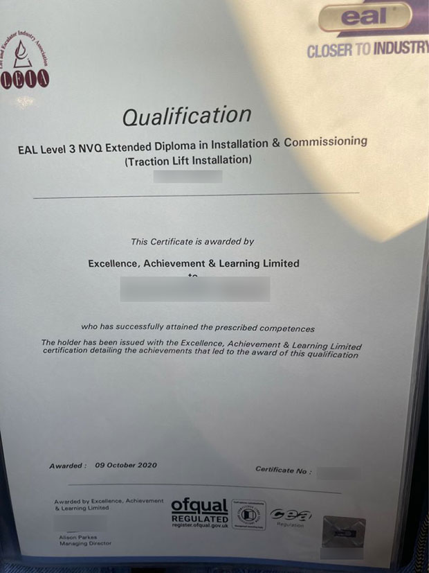 EAL Level 3 Diploma in NVQ Installation and Commissioning (Elevator Installation)