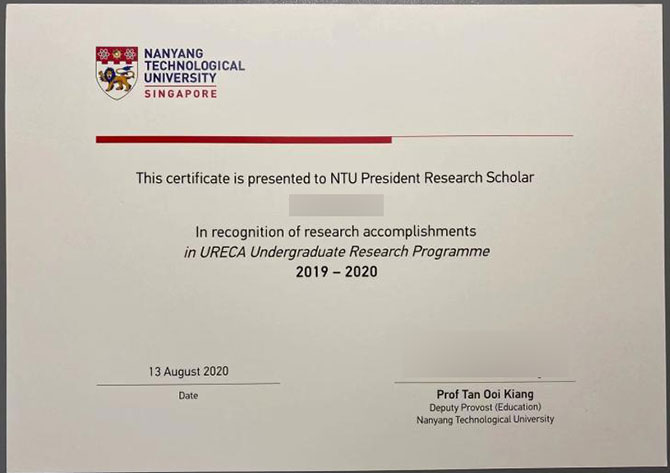 2019-2020 NTU Undergraduate Research Program Certificate