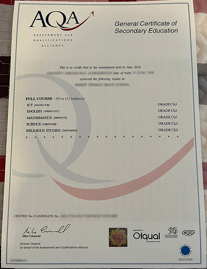 2014 AQA Examinations Authority GCSE Certificate