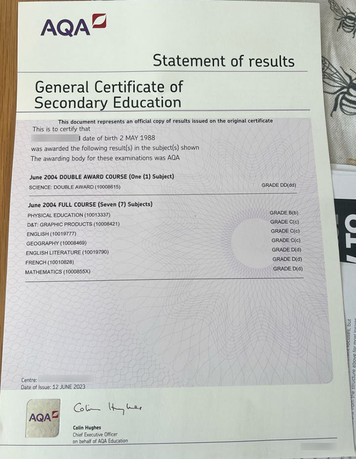 2023 version of AQA Examinations Authority GCSE Certificate