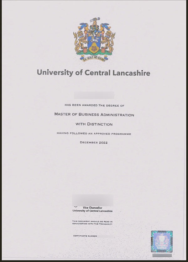 Sample MBA degree from the University of Central Lancashire in 2022