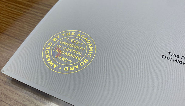 University of Central Lancashire Certificate Gold embossed seal