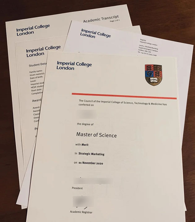 2020 Imperial College Master of Science degree with transcript sample