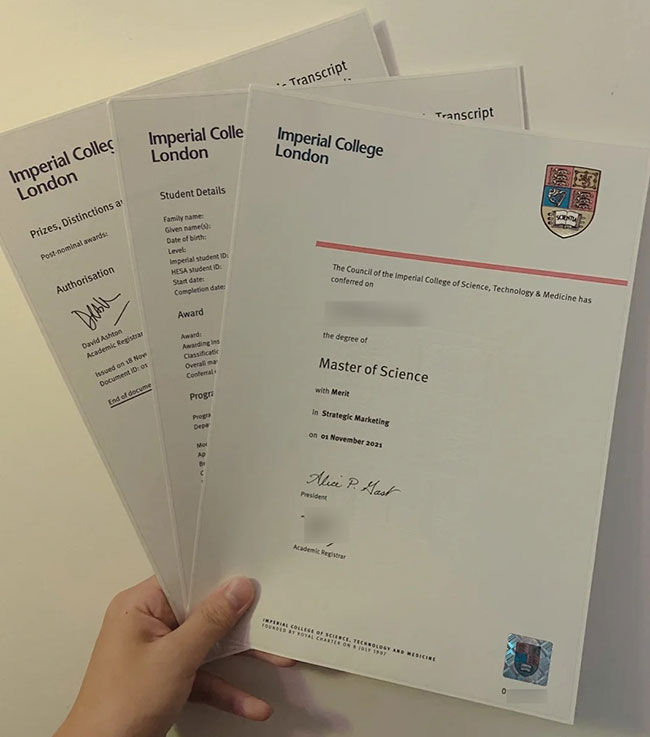 2021 Imperial College Master of Science degree with transcript sample