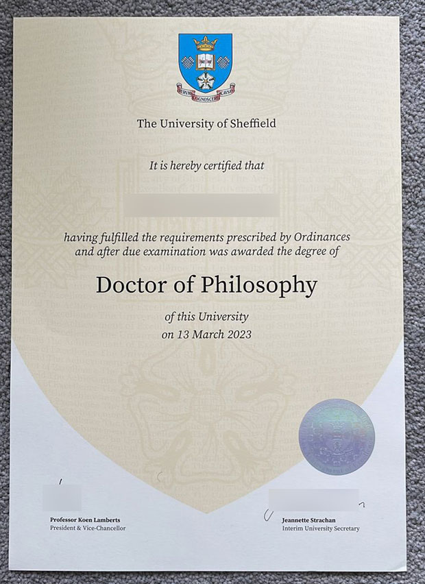 Sample of Doctor of Philosophy degree from the University of Sheffield in 2023